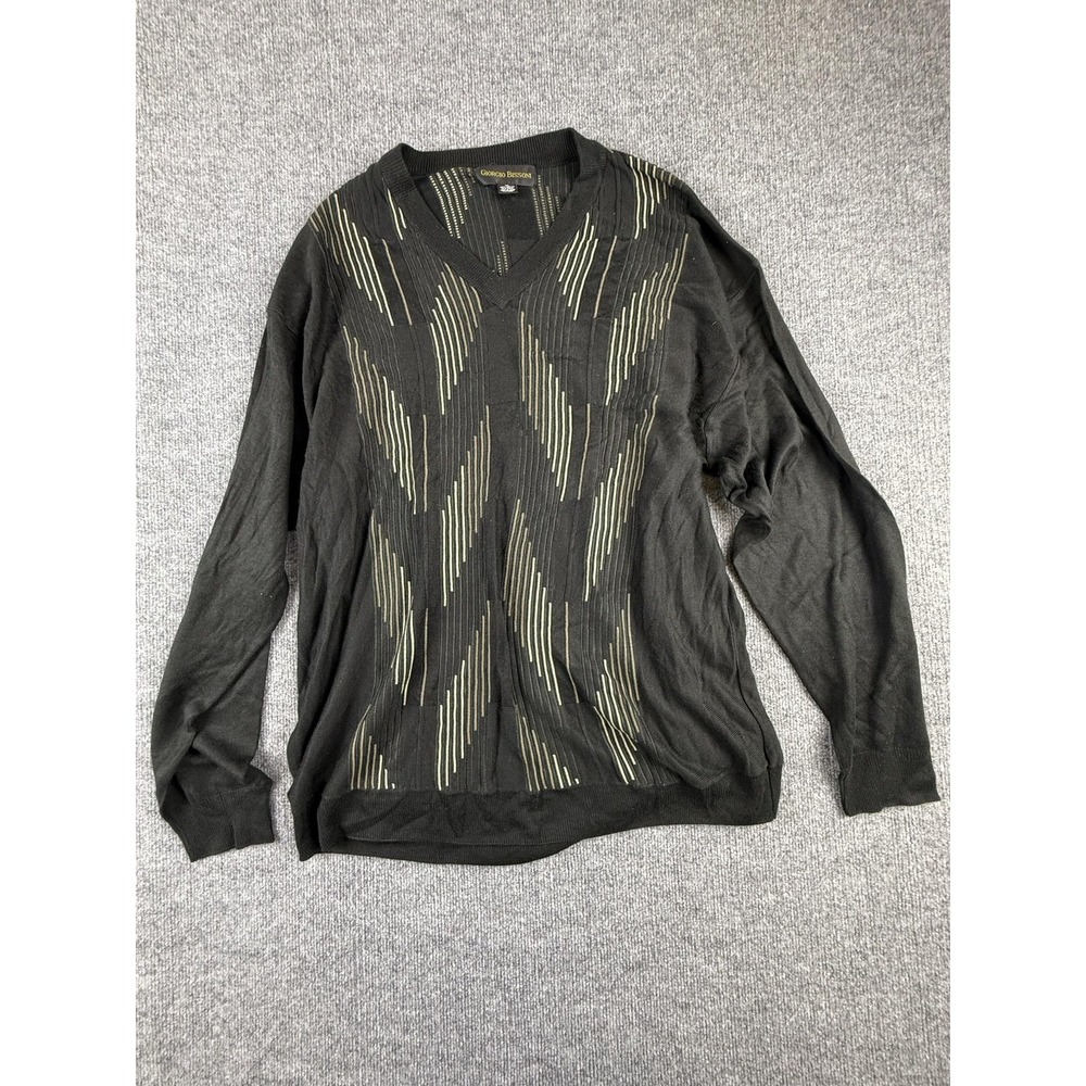 Giorgio Bissoni Sweater Mens 2XL Black V Neck Geometric Pullover Long Sleeve